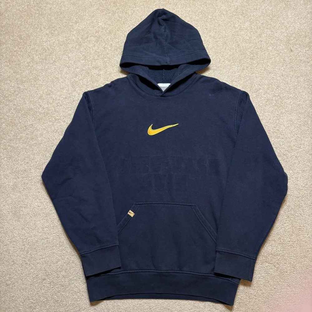 Vtg Nike Hoodie Sweatshirt Mens Large Navy Blue Faded Gold Center Swoosh Y2K 00s